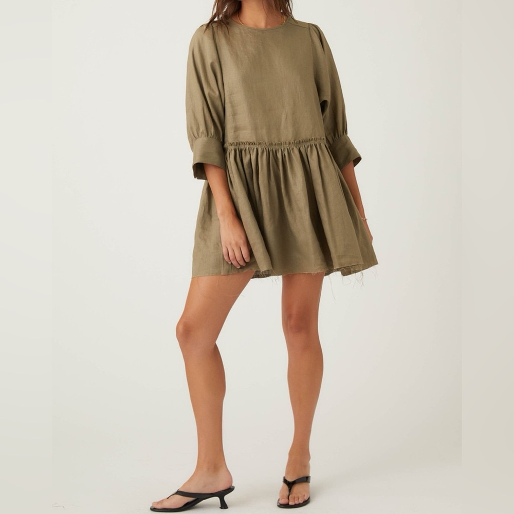 R.G.Kane Stella linen mini dress in olive green ruffle‎ hem Made in USA